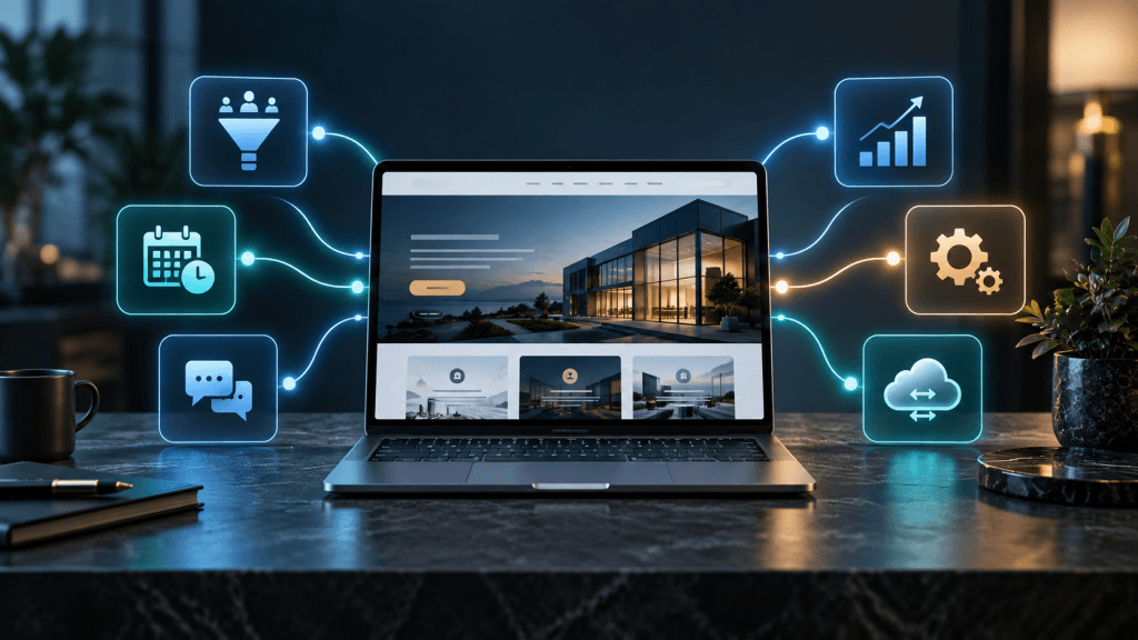 Business website connected to lead capture, scheduling, communication, analytics, automation, and cloud services.